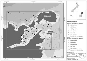 Karte zur Verteilung der Südlichen Glattwale vom Satelliten bei den Auckland-Inseln, Neuseeland, am 17. August 2020 und 25. August 2020.