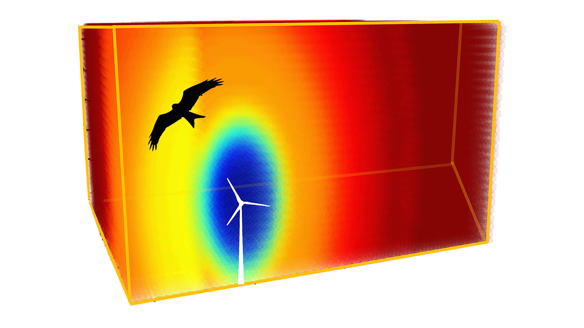 Graphical 3D representation in which a bird of prey flies above a wind turbine. The collision risk of the bird with the wind turbine is shown with different colours.