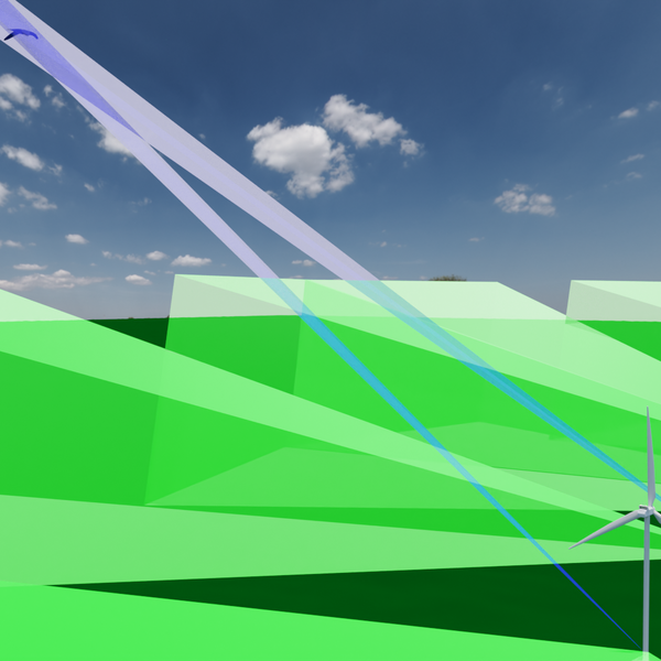 Graphic showing two wind turbines. Spatially, the areas captured by the cameras are shown in green. A bird flies above the turbines, which is captured by triangulation of two cameras at the turbines and shown in blue.