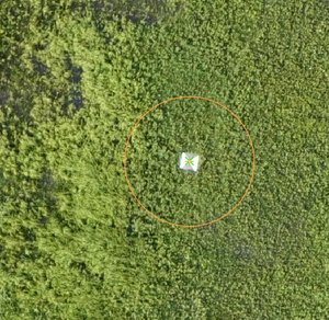 Eine Luftaufnahme von einem GCP (Ground Control Point), einer schwarz-weißen Platte, mit deren Hilfe man bei Drohnenaufnahmen den Standort genau einmessen kann.