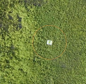 An aerial view of a GCP (Ground Control Point), a black and white plate that can be used to accurately measure the location of drone footage.