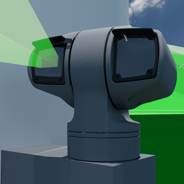 Grafik, die im Vordergrund eine Kamera zeigt, die an einer Windenergieanlage installiert ist. Links mit dem grün dargestellten Sichtkegel die Kameraoptik und rechts die Infraroteinheit für Aufnahmen bei schlechten Lichtverhältnissen.