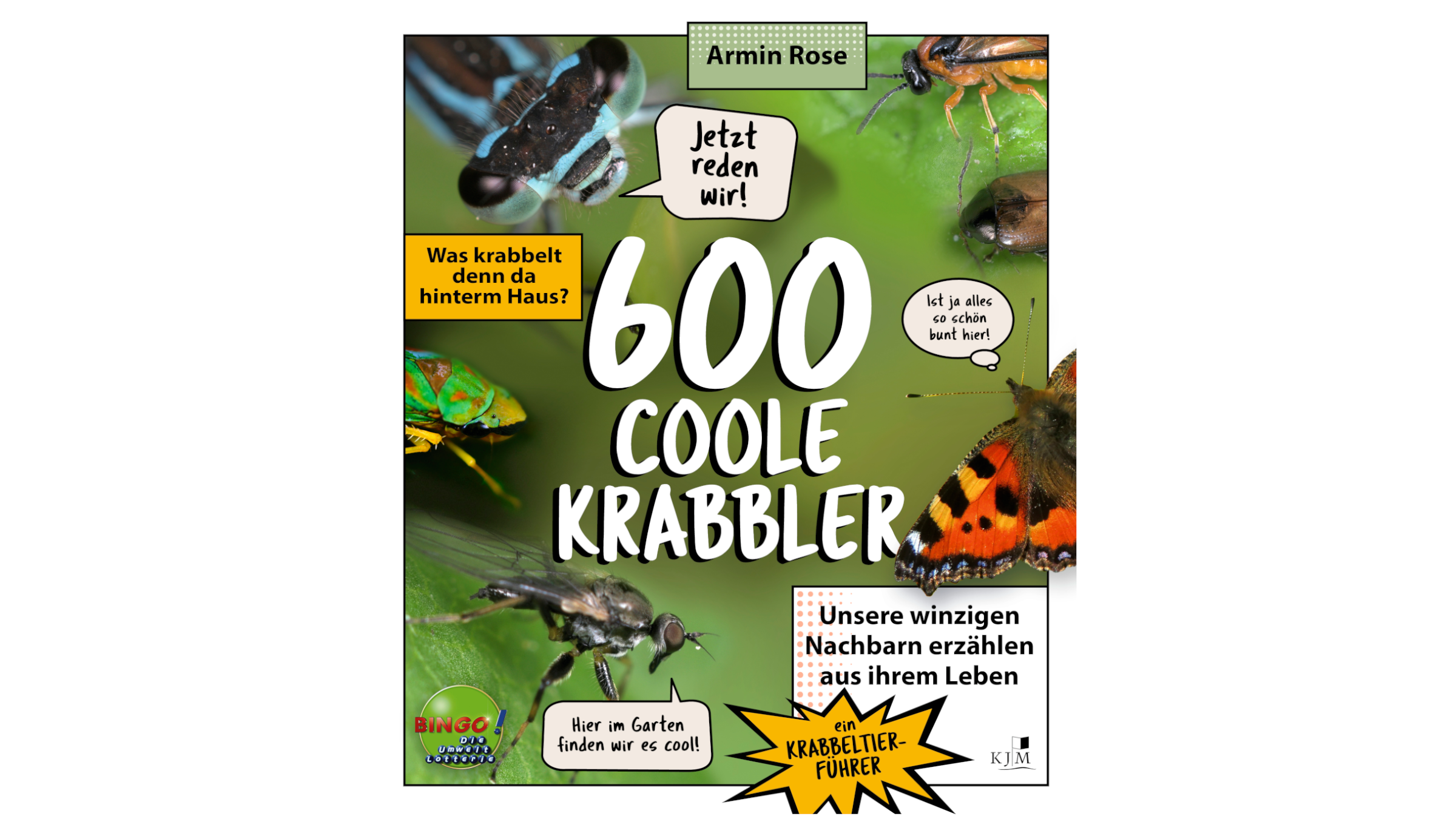 Book cover front of the book "600 cool crawlers" showing several insects.