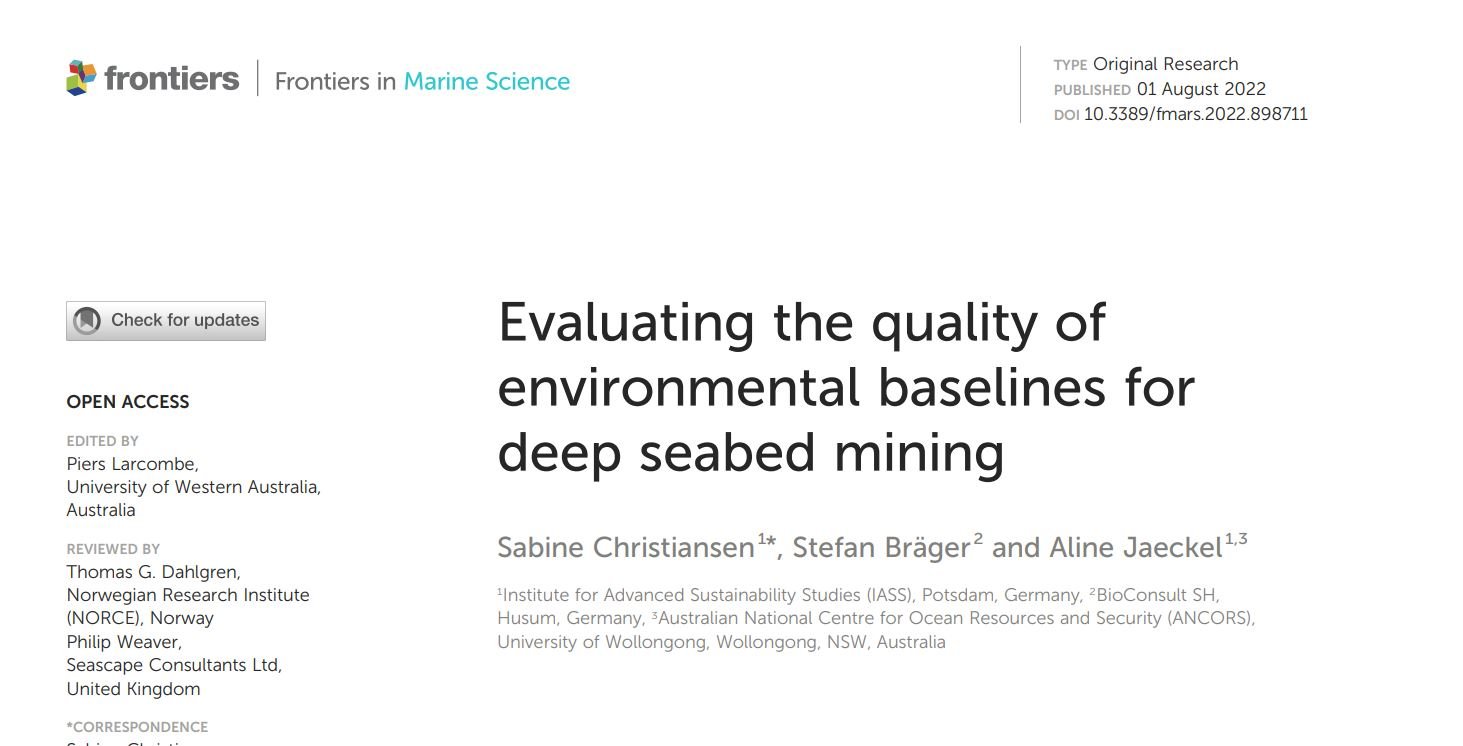 Screenshot des Artikels "Evaluating the quality of environmental baselines for deep seabed mining" in Front. Mar. Sci. 9:898711 