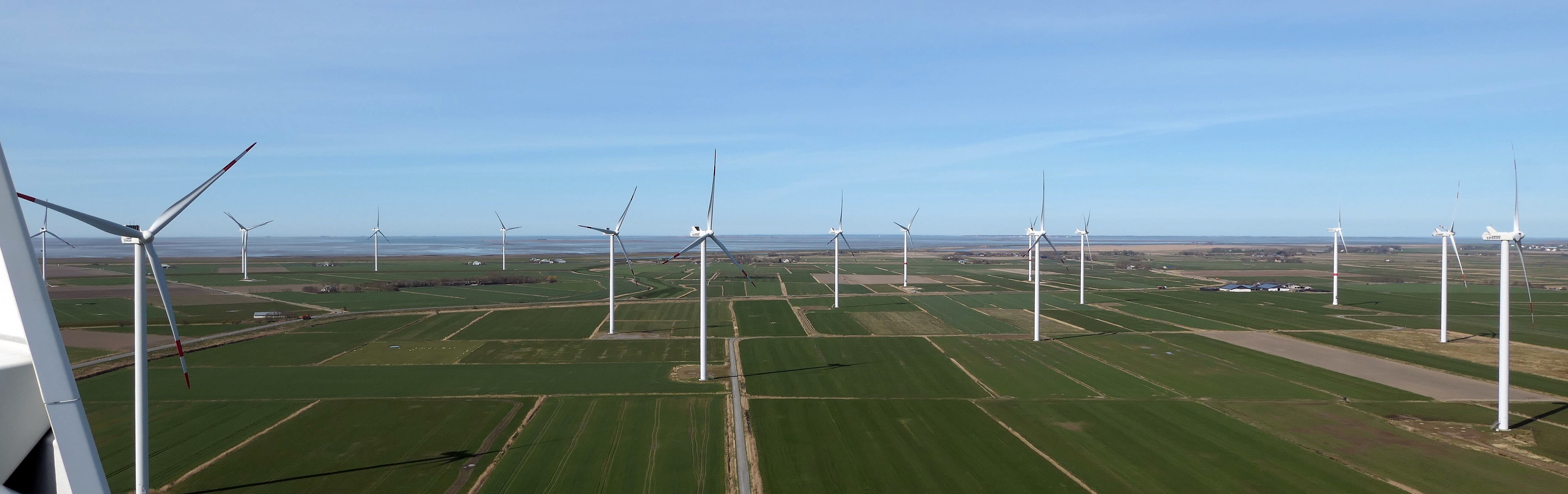 Foto eines Windparks in einem schleswig-holsteinischen Koog, im Hintergrund  das Wattenmeer.