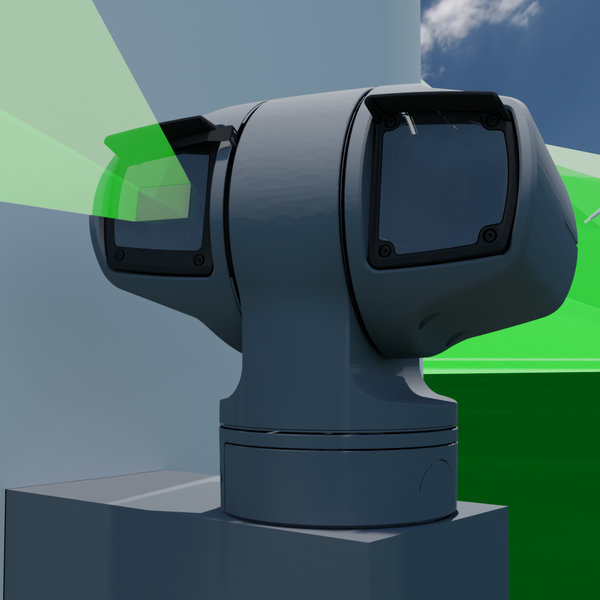 Graphic showing a camera installed on a wind turbine in the foreground. On the left, with the cone of vision shown in green, are the camera optics and on the right the infrared unit for recording in low light conditions. 