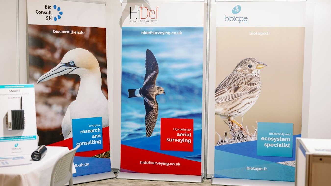 Messestand von Bioconsult SH, HiDef Aerial Surveying Ltd und Biotope. Im Hintergrund stehen Poster der drei Unternehmen mit Vogelmotiven.