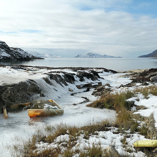 Marine litter washed up on a beach in Greenland.
