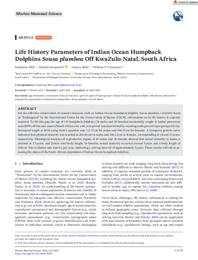 Life History Parameters of Indian Ocean Humpback Dolphins <i>Sousa plumbea</i> Off KwaZulu-Natal, South Africa