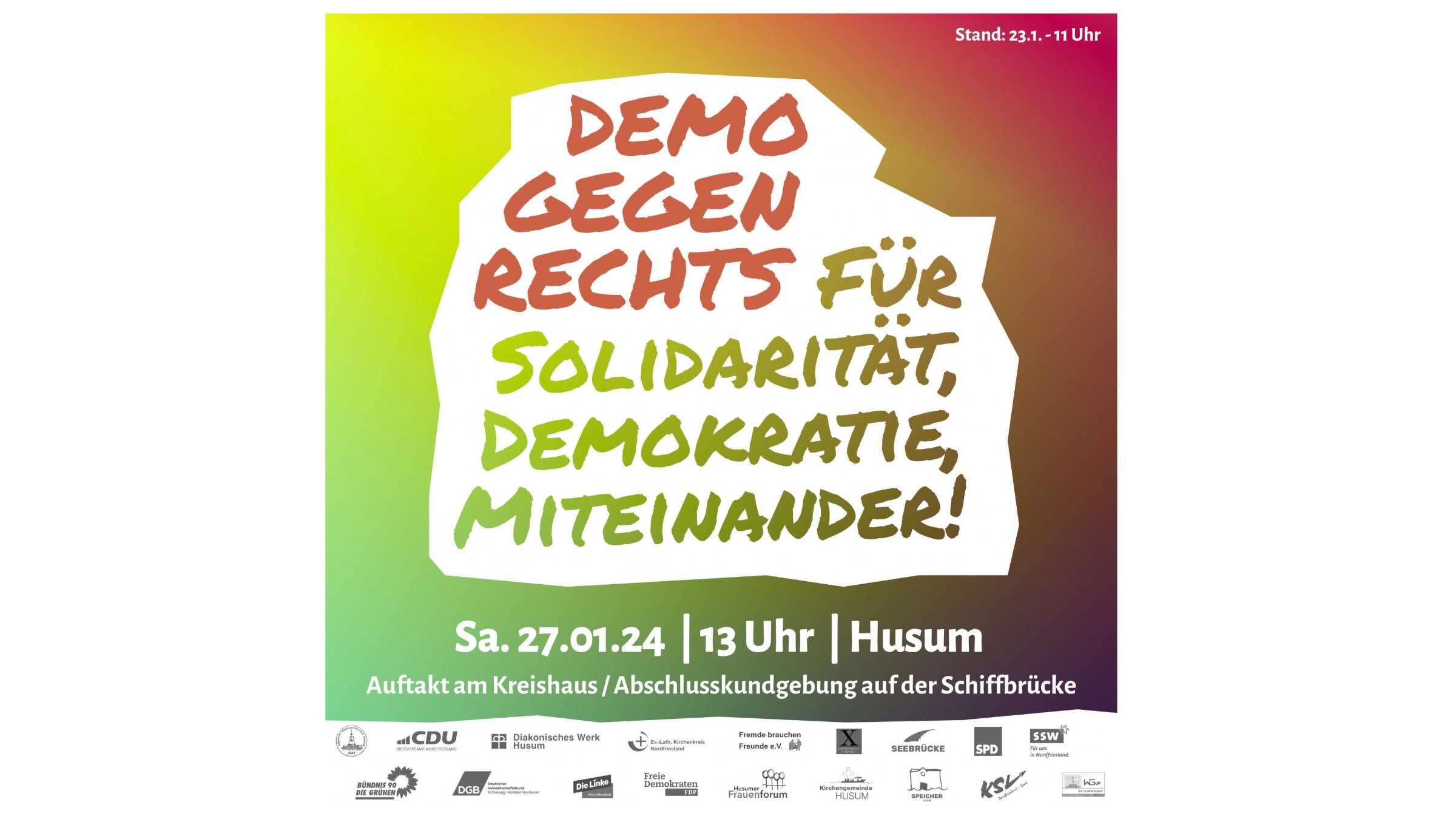 Plakat Grafik mit einem Aufruf zu Demo gegen Rechts am 27.01.2024 in Husum.
