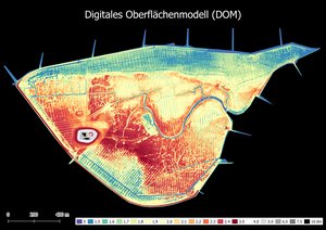 Ein Digitales Oberflächen Modell der Hallig Südfall in den Farben Rot, Gelb, Grün und Blau.