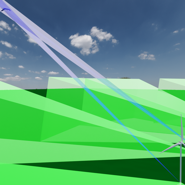 Grafik, auf der zwei windenergieanlagen zu sehen sind. räumlich werden in grün die Bereiche dargestellt, die von den Karmas erfasst werden, über den Anlagen fliegt ein Vogel, der mit Hilfe von Triangulation zweier Kameras an den Anlagen erfasst wird und blau dargestellt wird.wird, die durch zwei