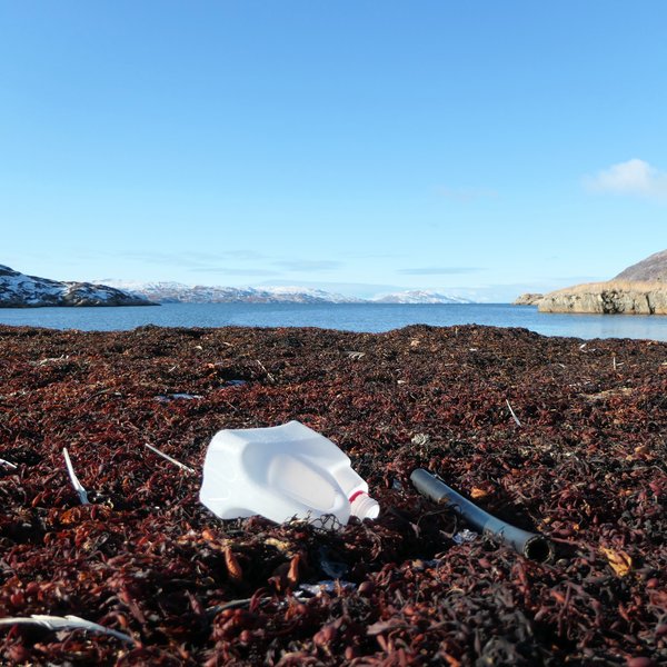 A plastic canister on a beach in Greenland.