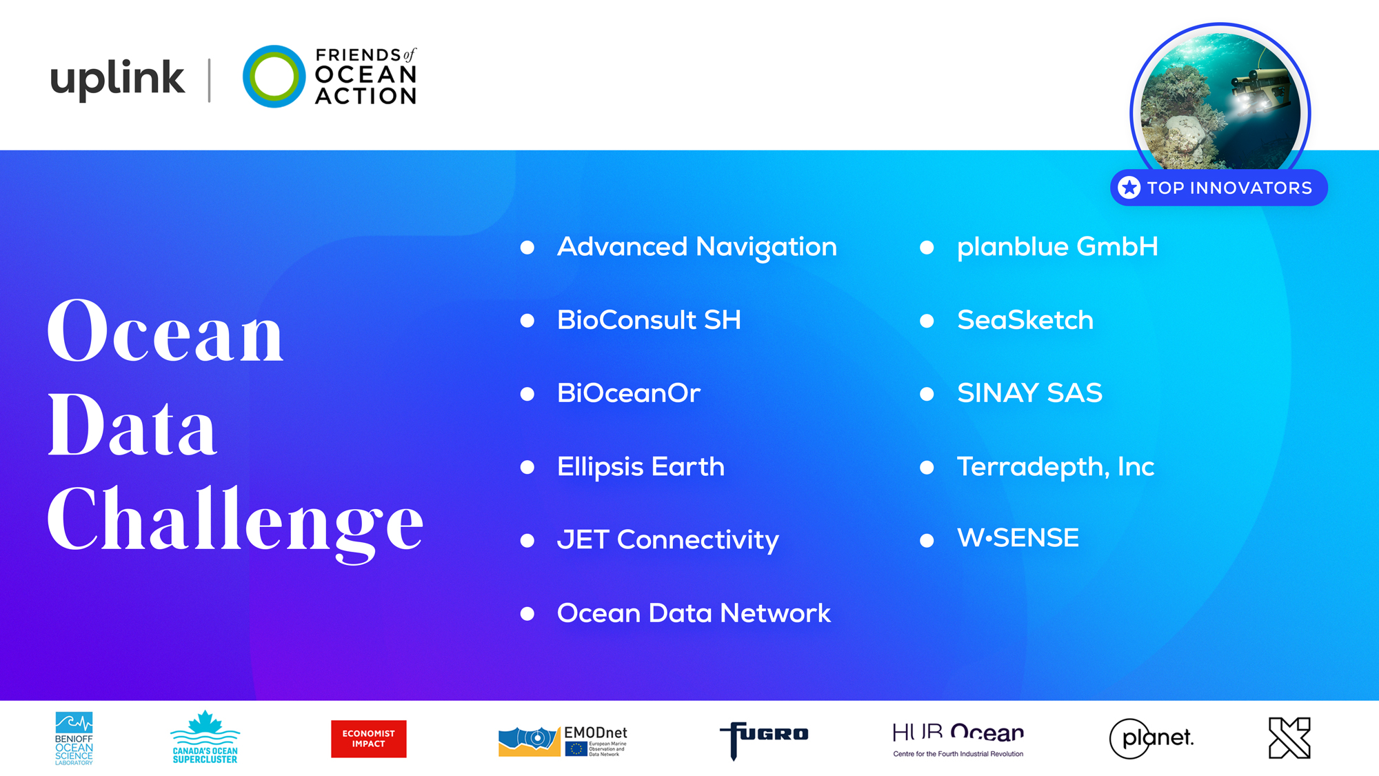 List of the "Top innovators" of the Ocean Data Challenge. The names of the 11 winners are shown on a blue background. Above on a white background the logos of uplink and Friends of Ocean Action, below on a white background the logos of the sponsors.
