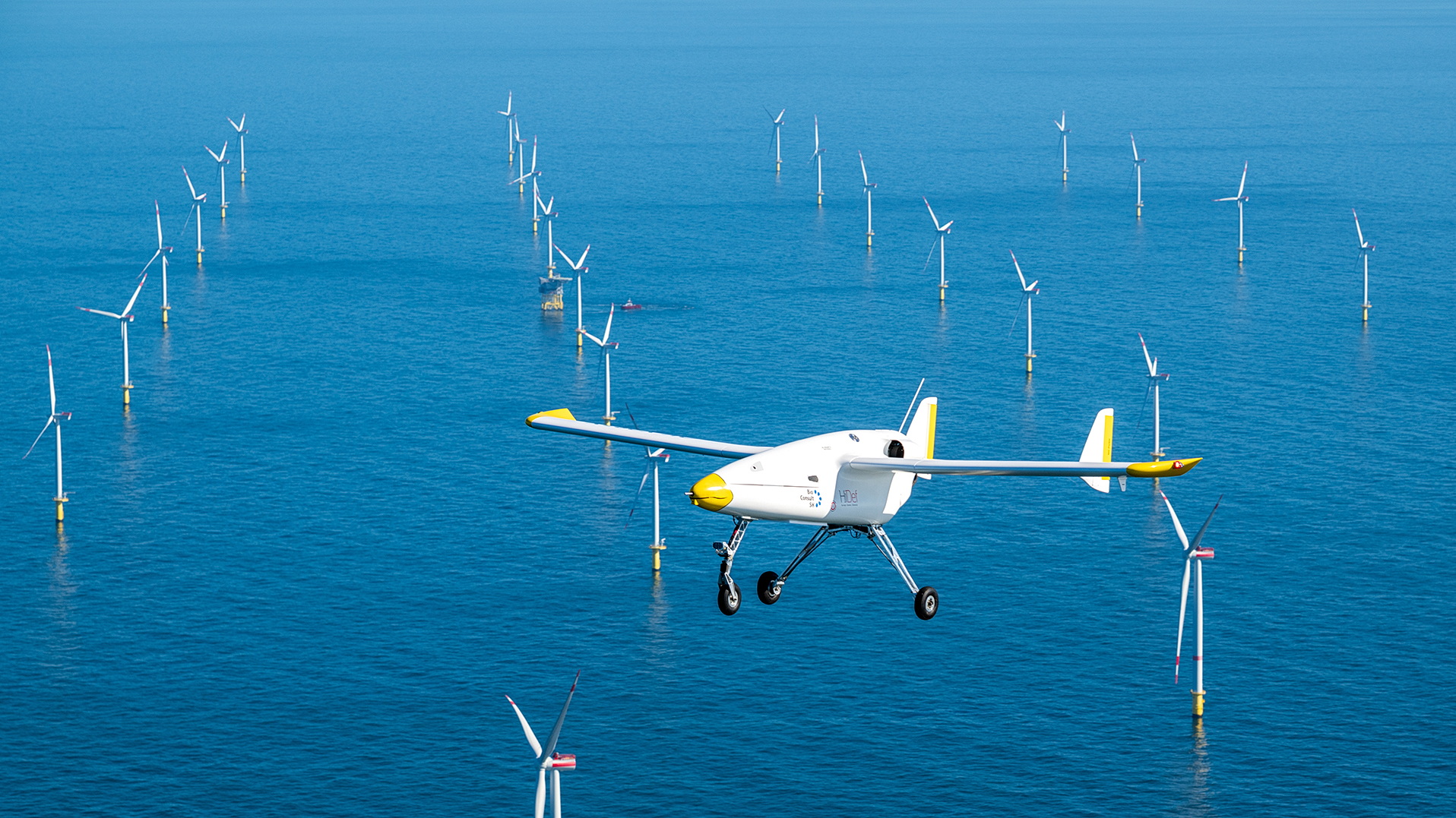One of BioConsult SH's long-range drones flying over an offshore wind farm during a HiDef aerial survey.